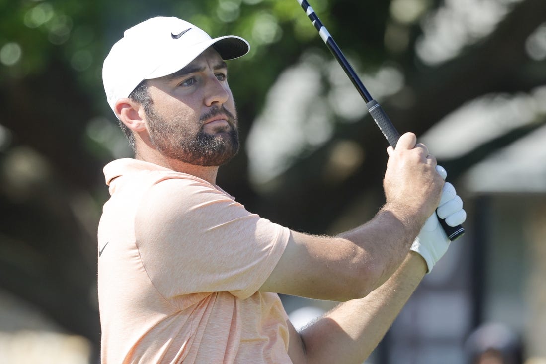 Mar 7, 2024; Orlando, Florida, USA;  Scottie Scheffler hits his drive on the first tee during the first round of the Arnold Palmer Invitational golf tournament. Mandatory Credit: Reinhold Matay-USA TODAY Sports