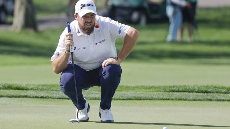 Mar 7, 2024; Orlando, Florida, USA;  Shane Lowry lines up his putt on the sixth green during the first round of the Arnold Palmer Invitational golf tournament. Mandatory Credit: Reinhold Matay-USA TODAY Sports