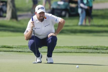 Mar 7, 2024; Orlando, Florida, USA;  Shane Lowry lines up his putt on the sixth green during the first round of the Arnold Palmer Invitational golf tournament. Mandatory Credit: Reinhold Matay-USA TODAY Sports