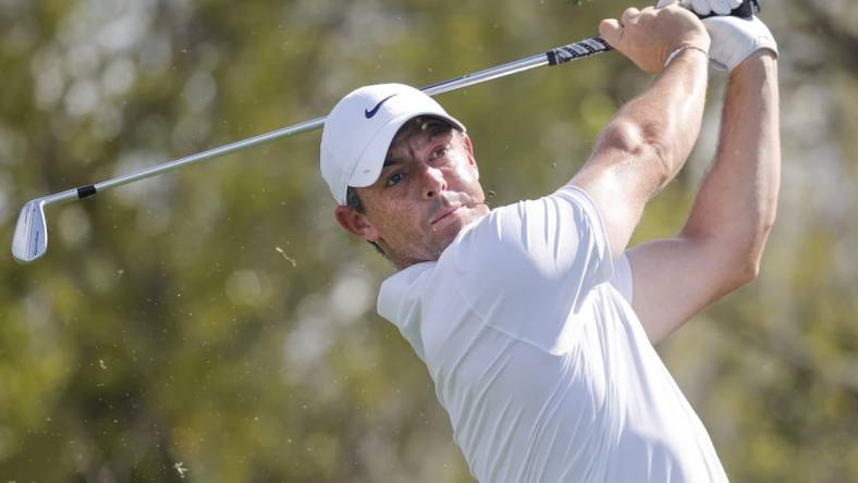 Mar 7, 2024; Orlando, Florida, USA; Rory McIlroy plays his shot from the seventh tee during the first round of the Arnold Palmer Invitational golf tournament. Mandatory Credit: Reinhold Matay-USA TODAY Sports