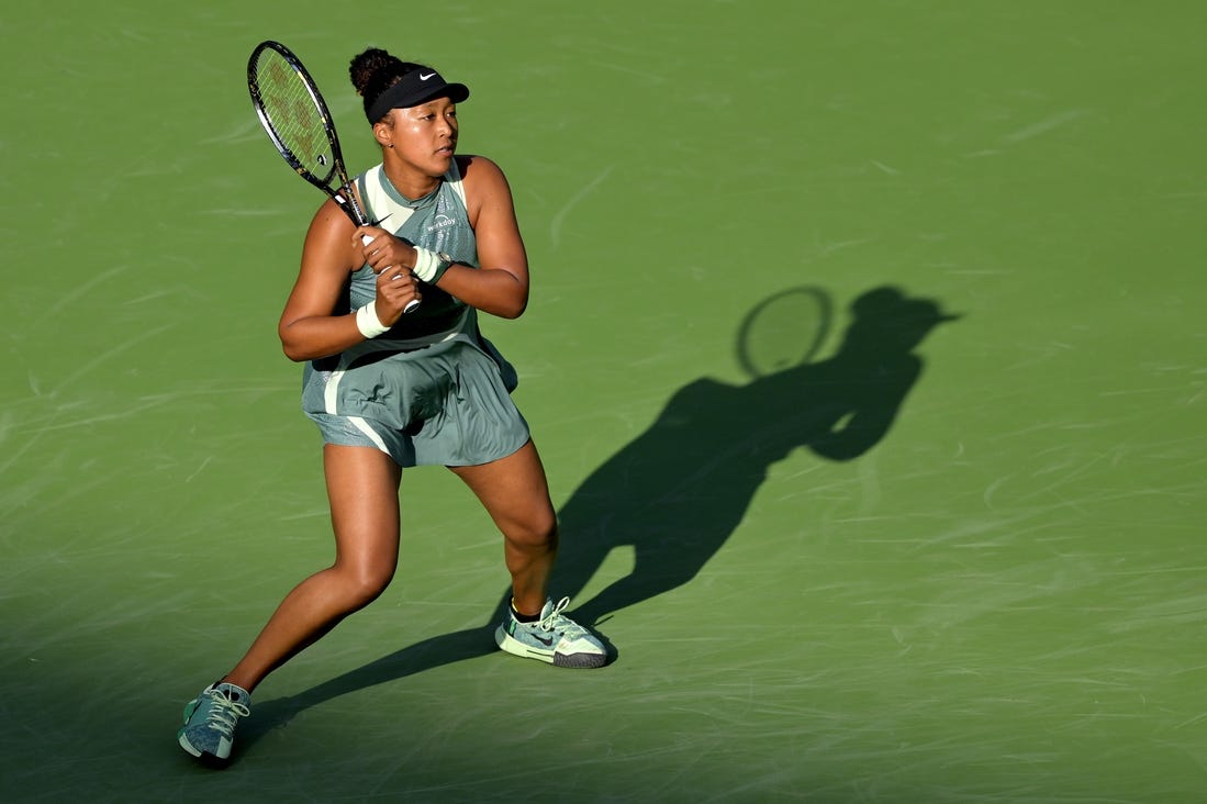 Mar 7, 2024; Indian Wells, CA, USA; Naomi Osaka (JPN) hits a shot during her first round match against Sara Errani (ITA) in the BNP Paribas Open at the Indian Wells Tennis Garden. Mandatory Credit: Jayne Kamin-Oncea-USA TODAY Sports