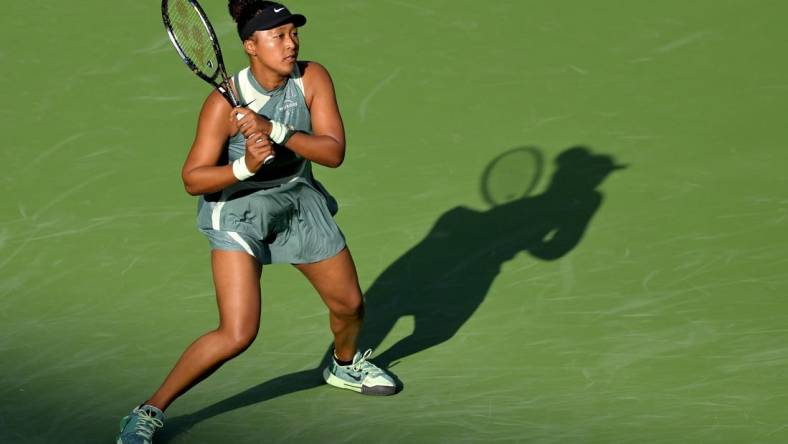 Mar 7, 2024; Indian Wells, CA, USA; Naomi Osaka (JPN) hits a shot during her first round match against Sara Errani (ITA) in the BNP Paribas Open at the Indian Wells Tennis Garden. Mandatory Credit: Jayne Kamin-Oncea-USA TODAY Sports