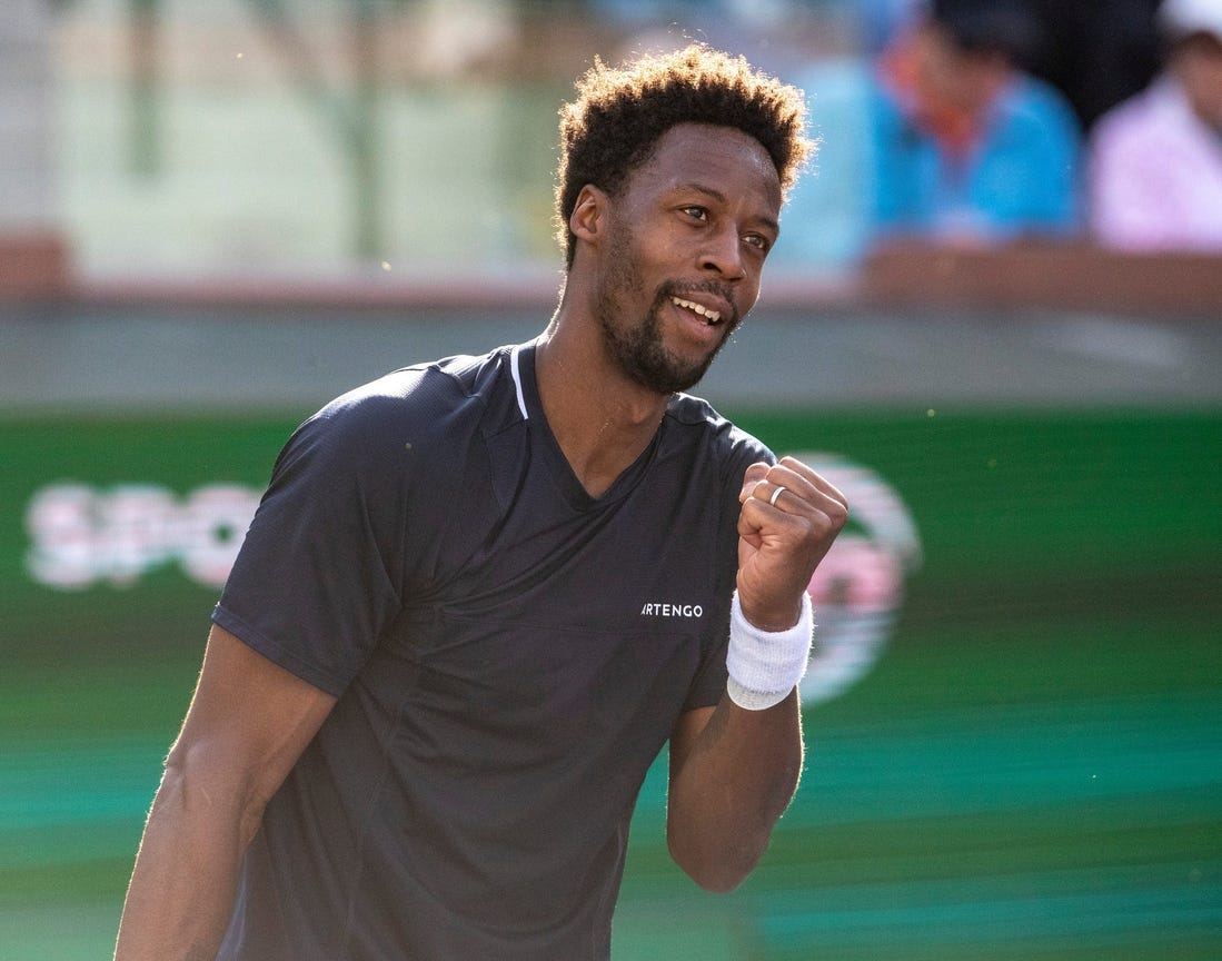 Gael Monfils celebrates winning his first-round match against Max Purcell at the BNP Paribas Open in Indian Wells, Calif., Thursday, March 7, 2024.