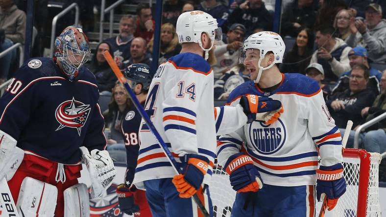 Mar 7, 2024; Columbus, Ohio, USA; Edmonton Oilers center Zach Hyman (18) celebrates his goal against the Columbus Blue Jackets during the second period at Nationwide Arena. Mandatory Credit: Russell LaBounty-USA TODAY Sports