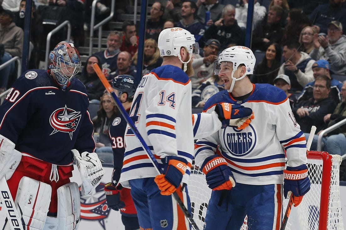 Mar 7, 2024; Columbus, Ohio, USA; Edmonton Oilers center Zach Hyman (18) celebrates his goal against the Columbus Blue Jackets during the second period at Nationwide Arena. Mandatory Credit: Russell LaBounty-USA TODAY Sports