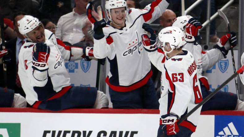 Mar 7, 2024; Pittsburgh, Pennsylvania, USA; Washington Capitals left wing Ivan Miroshnichenko (63) celebrates his first career NHL goal with the Capitals bench against the Pittsburgh Penguins during the second period at PPG Paints Arena. Mandatory Credit: Charles LeClaire-USA TODAY Sports