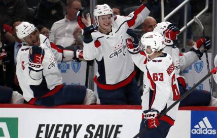 Mar 7, 2024; Pittsburgh, Pennsylvania, USA; Washington Capitals left wing Ivan Miroshnichenko (63) celebrates his first career NHL goal with the Capitals bench against the Pittsburgh Penguins during the second period at PPG Paints Arena. Mandatory Credit: Charles LeClaire-USA TODAY Sports