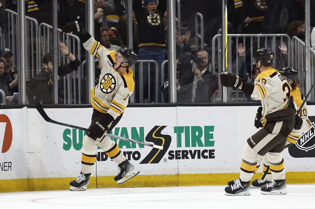 Mar 7, 2024; Boston, Massachusetts, USA; Boston Bruins center Trent Frederic (11) celebrates his goal against the Toronto Maple Leafs during the second period at TD Garden. Mandatory Credit: Winslow Townson-USA TODAY Sports