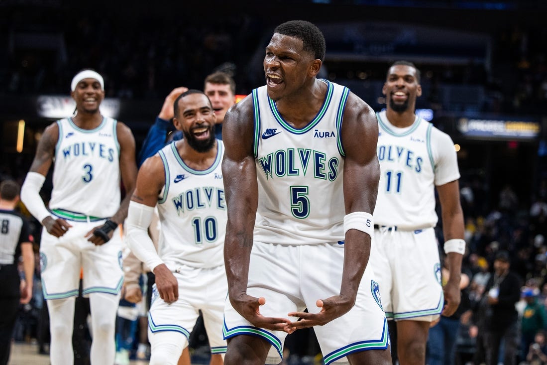 Mar 7, 2024; Indianapolis, Indiana, USA; Minnesota Timberwolves guard Anthony Edwards (5) celebrates the win over Indiana Pacers at Gainbridge Fieldhouse. Mandatory Credit: Trevor Ruszkowski-USA TODAY Sports