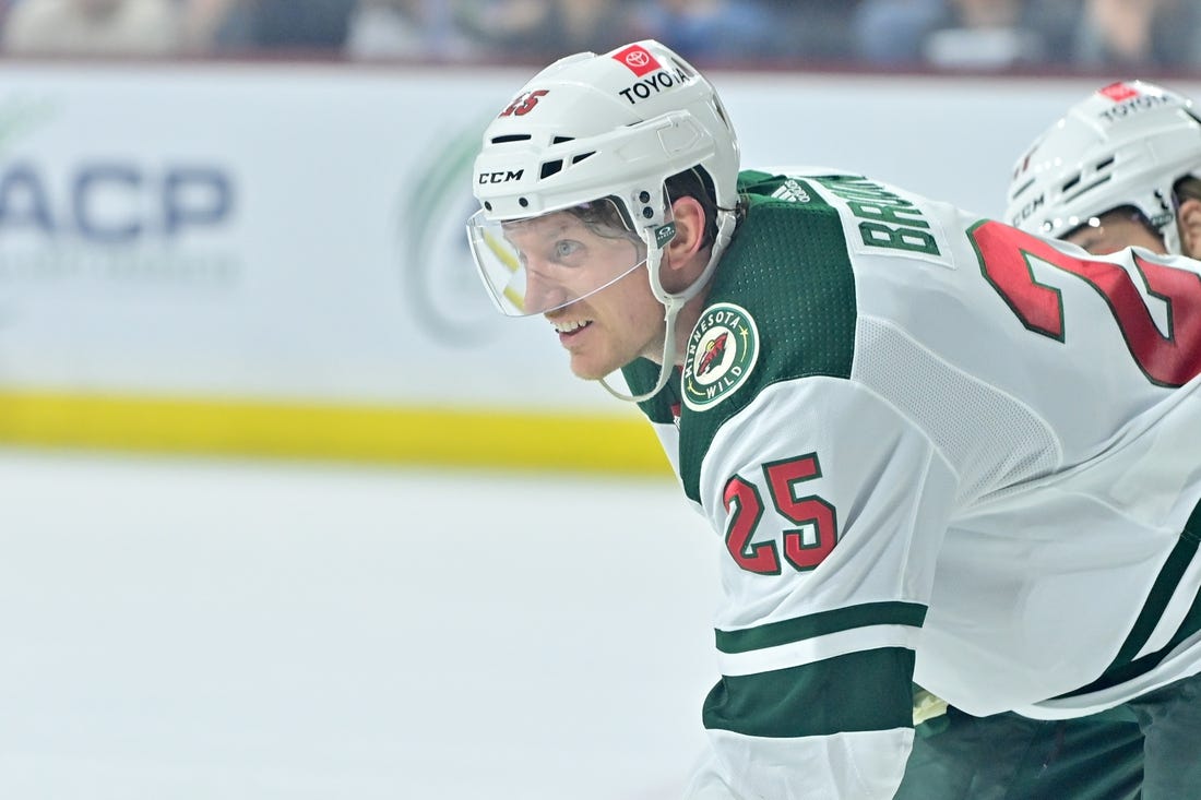 Mar 7, 2024; Tempe, Arizona, USA; Minnesota Wild defenseman Jonas Brodin (25) looks on in the second period against the Arizona Coyotes at Mullett Arena. Mandatory Credit: Matt Kartozian-USA TODAY Sports