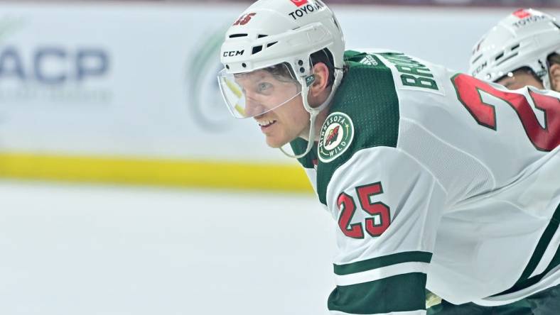 Mar 7, 2024; Tempe, Arizona, USA; Minnesota Wild defenseman Jonas Brodin (25) looks on in the second period against the Arizona Coyotes at Mullett Arena. Mandatory Credit: Matt Kartozian-USA TODAY Sports