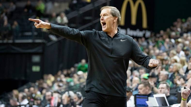 Oregon head coach Dana Altman yells to his team as the Oregon Ducks host the Colorado Buffaloes Thursday, March 7, 2024 at Matthew Knight Arena in Eugene, Ore.