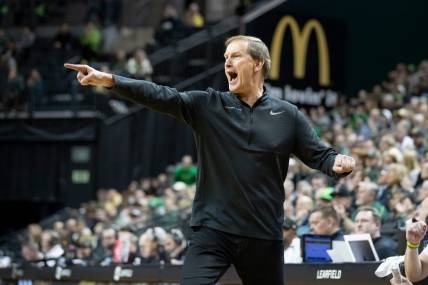 Oregon head coach Dana Altman yells to his team as the Oregon Ducks host the Colorado Buffaloes Thursday, March 7, 2024 at Matthew Knight Arena in Eugene, Ore.