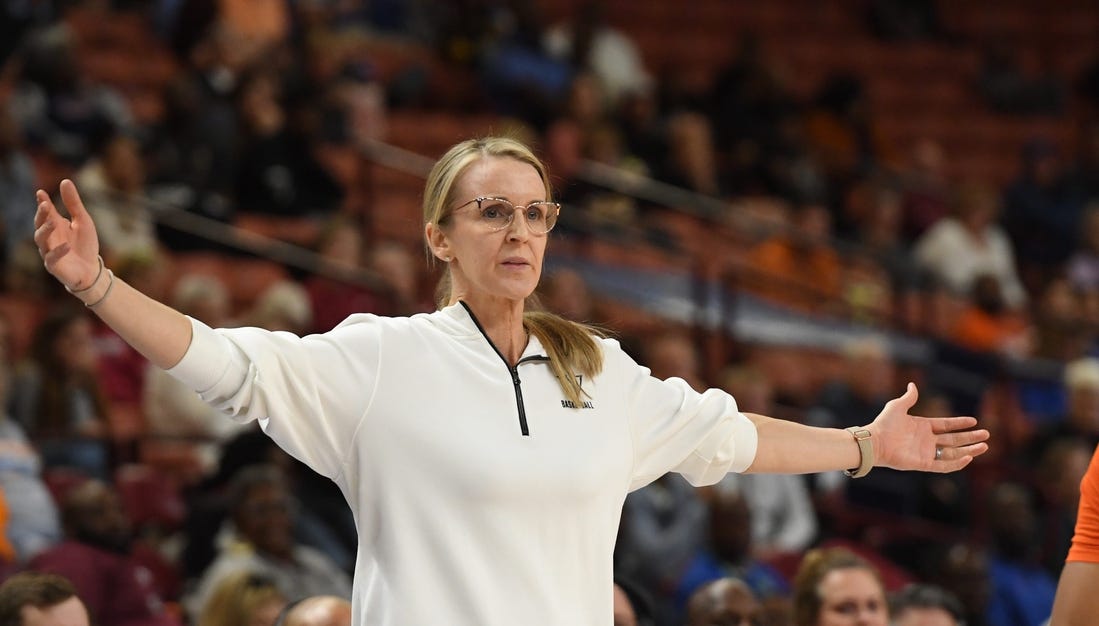 Vanderbilt Commodores women's basketball vs Florida Gators in SEC Tournament on March 7, 2024, at Bon Secours Wellness Arena in Greenville, SC. Vanderbilt's Head Coach Shea Ralph on the court.