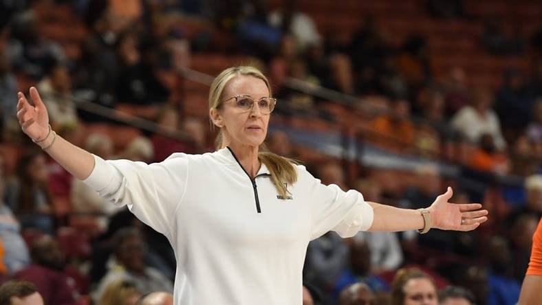 Vanderbilt Commodores women's basketball vs Florida Gators in SEC Tournament on March 7, 2024, at Bon Secours Wellness Arena in Greenville, SC. Vanderbilt's Head Coach Shea Ralph on the court.