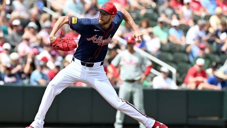 Mar 3, 2024; North Port, Florida, USA; Atlanta Braves pitcher Chris Sale (51) throws a pitch in the first inning of the spring training game against the Philadelphia Phillies  at CoolToday Park. Mandatory Credit: Jonathan Dyer-USA TODAY Sports