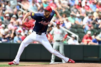 Mar 3, 2024; North Port, Florida, USA; Atlanta Braves pitcher Chris Sale (51) throws a pitch in the first inning of the spring training game against the Philadelphia Phillies  at CoolToday Park. Mandatory Credit: Jonathan Dyer-USA TODAY Sports