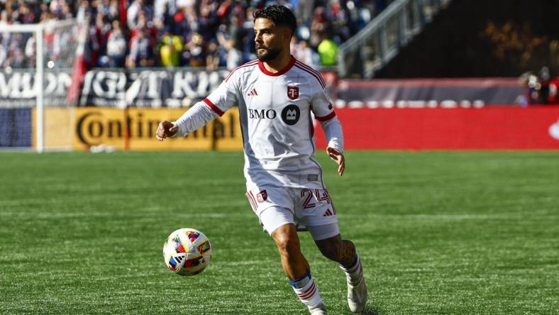 Mar 3, 2024; Foxborough, Massachusetts, USA; Toronto FC forward Lorenzo Insigne (24) during the first half against the New England Revolution at Gillette Stadium. Mandatory Credit: Winslow Townson-USA TODAY Sports