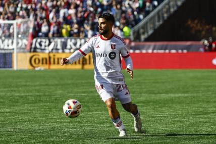Mar 3, 2024; Foxborough, Massachusetts, USA; Toronto FC forward Lorenzo Insigne (24) during the first half against the New England Revolution at Gillette Stadium. Mandatory Credit: Winslow Townson-USA TODAY Sports