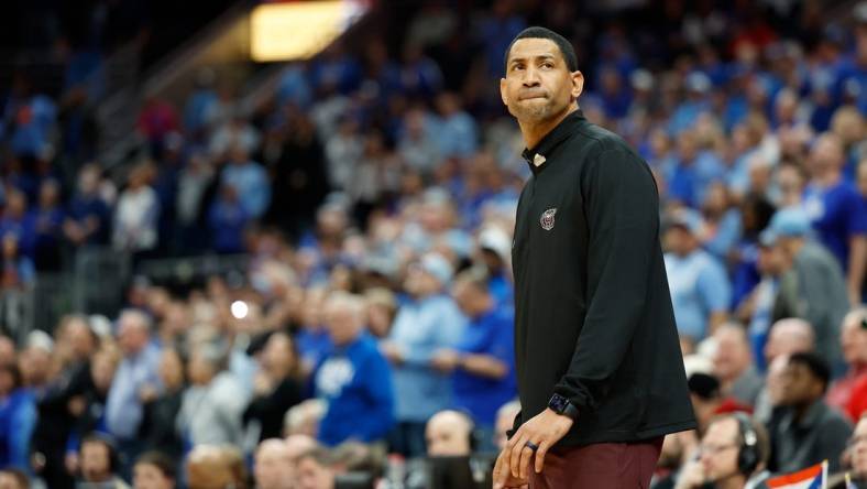 Missouri State Bears Head Coach Dana Ford during the final seconds of a Missouri Valley Conference Tournament game between Missouri State and Indiana State, Friday, March 8, 2024, at Enterprise Center in St. Louis.