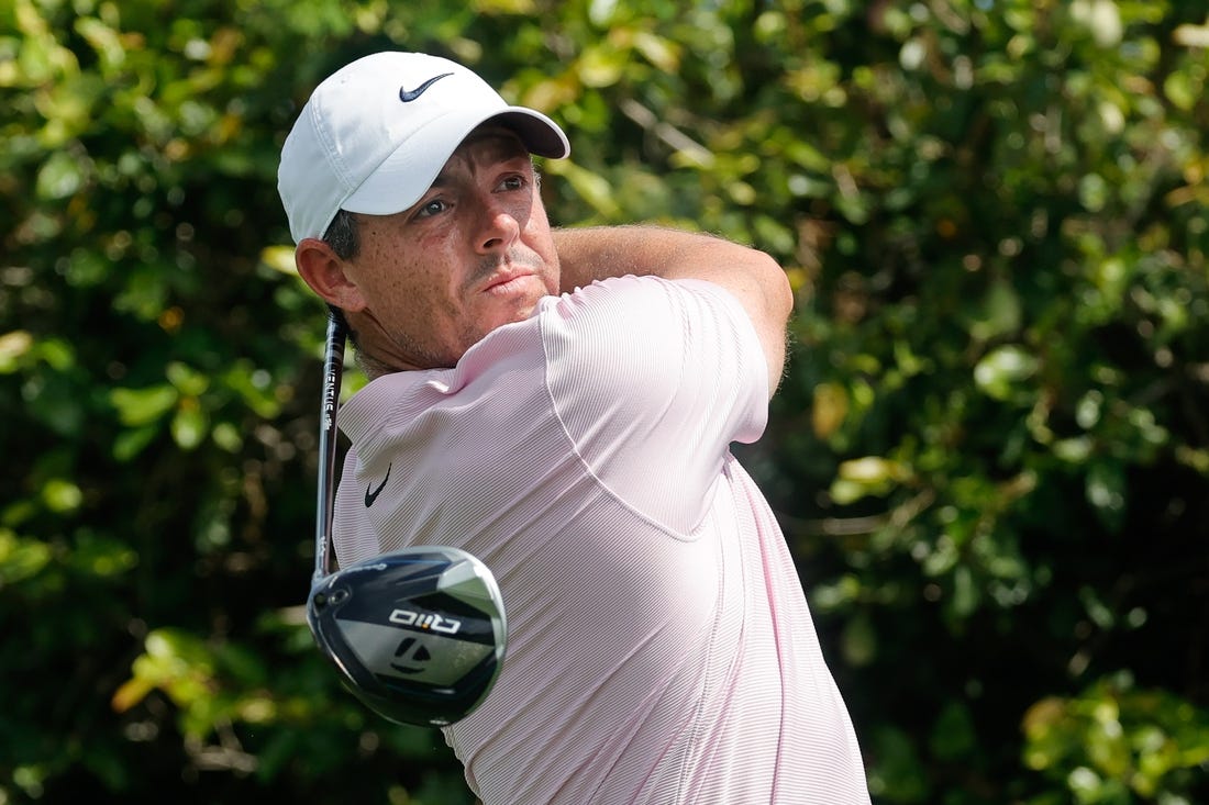 Mar 8, 2024; Orlando, Florida, USA;  Rory McIlroy plays his shot from the ninth tee during the second round of the Arnold Palmer Invitational golf tournament. Mandatory Credit: Reinhold Matay-USA TODAY Sports