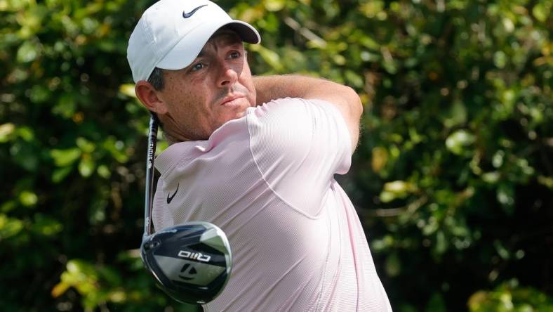 Mar 8, 2024; Orlando, Florida, USA;  Rory McIlroy plays his shot from the ninth tee during the second round of the Arnold Palmer Invitational golf tournament. Mandatory Credit: Reinhold Matay-USA TODAY Sports