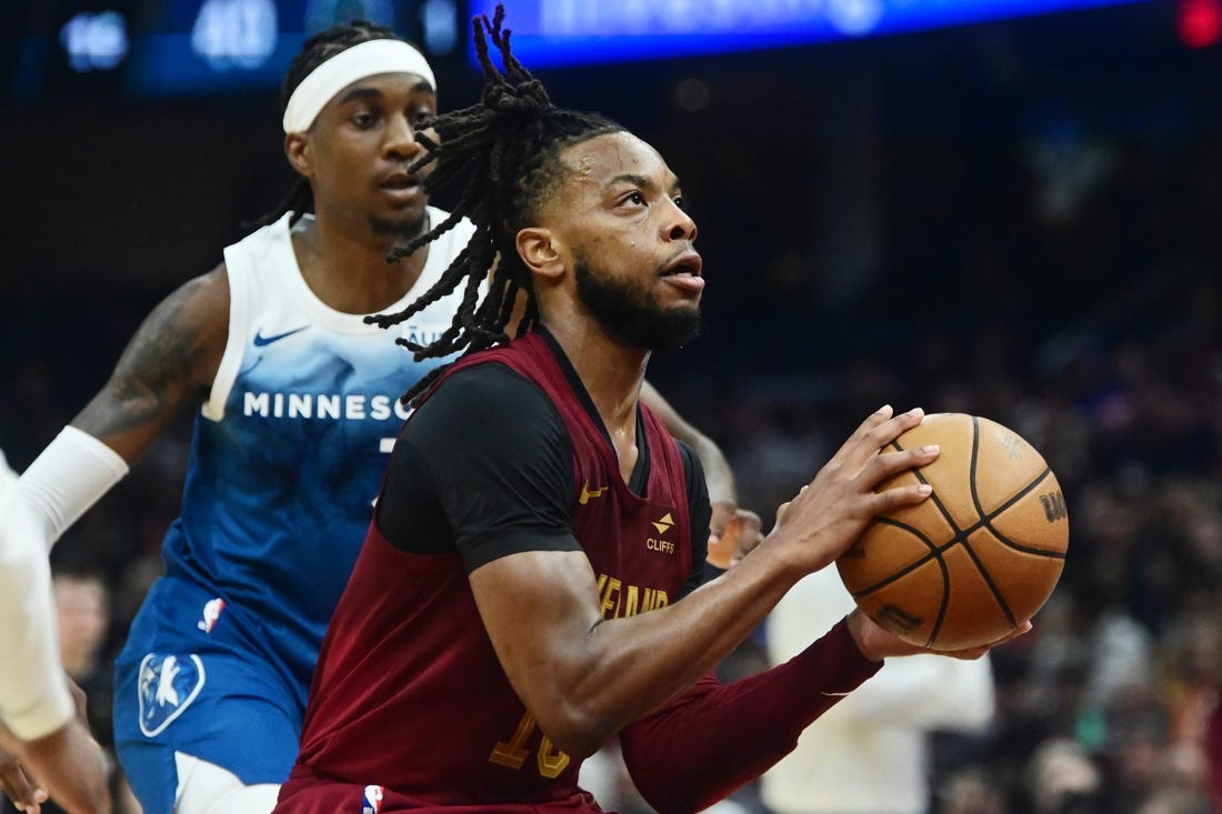 Mar 8, 2024; Cleveland, Ohio, USA;  Cleveland Cavaliers guard Darius Garland (10) drives to the basket against against the Minnesota Timberwolves during the first half at Rocket Mortgage FieldHouse. Mandatory Credit: Ken Blaze-USA TODAY Sports