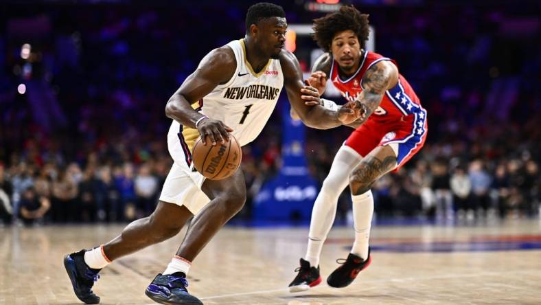 Mar 8, 2024; Philadelphia, Pennsylvania, USA; New Orleans Pelicans forward Zion Williamson (1) drives against Philadelphia 76ers guard Kelly Oubre Jr (9) in the third quarter at Wells Fargo Center. Mandatory Credit: Kyle Ross-USA TODAY Sports
