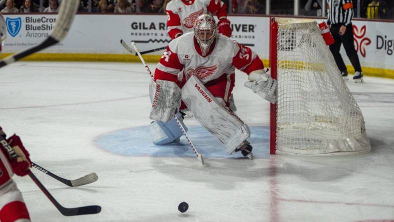 Mar 8, 2024; Tempe, Arizona, USA; Detroit Red Wings goalie Alex Lyon (34) reacts to the puck as it nears the goal in the second period during a game against the Arizona Coyotes at Mullett Arena. Mandatory Credit: Allan Henry-USA TODAY Sports