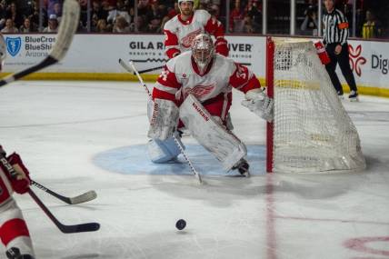 Mar 8, 2024; Tempe, Arizona, USA; Detroit Red Wings goalie Alex Lyon (34) reacts to the puck as it nears the goal in the second period during a game against the Arizona Coyotes at Mullett Arena. Mandatory Credit: Allan Henry-USA TODAY Sports