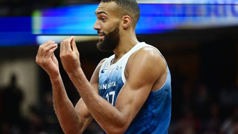 Mar 8, 2024; Cleveland, Ohio, USA;  Minnesota Timberwolves center Rudy Gobert (27) reacts after fouling out during the second half against the Cleveland Cavaliers at Rocket Mortgage FieldHouse. Mandatory Credit: Ken Blaze-USA TODAY Sports