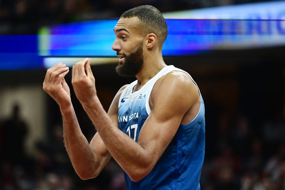 Mar 8, 2024; Cleveland, Ohio, USA;  Minnesota Timberwolves center Rudy Gobert (27) reacts after fouling out during the second half against the Cleveland Cavaliers at Rocket Mortgage FieldHouse. Mandatory Credit: Ken Blaze-USA TODAY Sports