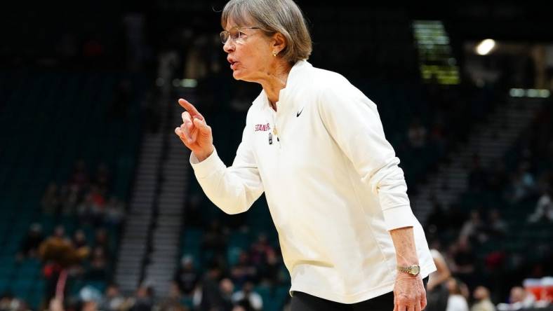 Mar 8, 2024; Las Vegas, NV, USA; Stanford Cardinal head coach Tara VanDerveer directs a player in a game against the Oregon State Beavers during the second quarter at MGM Grand Garden Arena. Mandatory Credit: Stephen R. Sylvanie-USA TODAY Sports