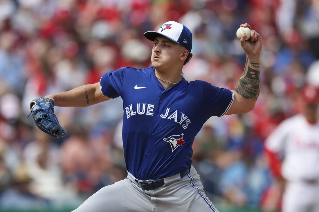 Mar 9, 2024; Clearwater, Florida, USA;  Toronto Blue Jays pitcher Ricky Tiedemann (70) throws a pitch against the Philadelphia Phillies in the second inning at BayCare Ballpark. Mandatory Credit: Nathan Ray Seebeck-USA TODAY Sports