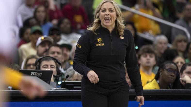 Mar 9, 2024; Kansas City, MO, USA; Baylor Lady Bears head coach Nicki Collen looks on as her team faces the Iowa State Cyclones during the first half at T-Mobile Center. Mandatory Credit: Amy Kontras-USA TODAY Sports