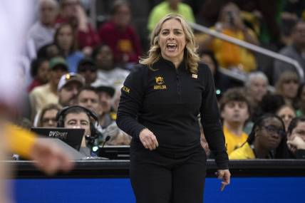 Mar 9, 2024; Kansas City, MO, USA; Baylor Lady Bears head coach Nicki Collen looks on as her team faces the Iowa State Cyclones during the first half at T-Mobile Center. Mandatory Credit: Amy Kontras-USA TODAY Sports