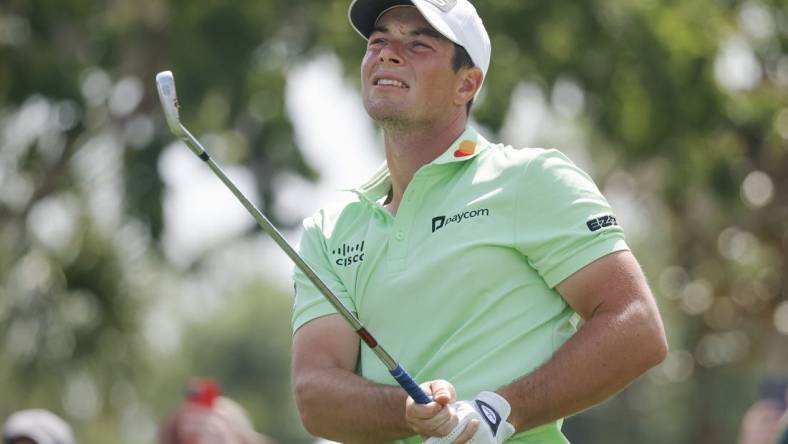 Mar 9, 2024; Orlando, Florida, USA;  Victor Hovland plays his shot from the second tee during the third round of the Arnold Palmer Invitational golf tournament. Mandatory Credit: Reinhold Matay-USA TODAY Sports