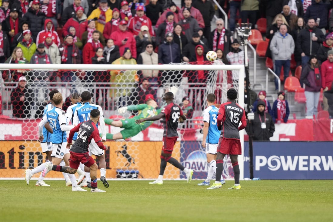 Mar 9, 2024; Toronto, Ontario, USA; Toronto FC forward Lorenzo Insigne (24) scores in the second half against Charlotte FC at BMO Field. Mandatory Credit: Kevin Sousa-USA TODAY Sports