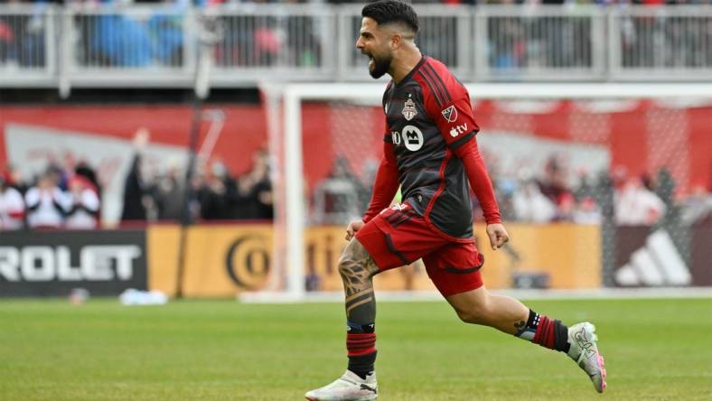 Mar 9, 2024; Toronto, Ontario, USA; Toronto FC forward Lorenzo Insigne (24) celebrates a goal in the second half against Charlotte FC at BMO Field. Mandatory Credit: Dan Hamilton-USA TODAY Sports