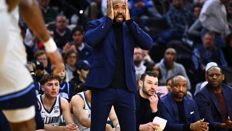 Mar 9, 2024; Philadelphia, Pennsylvania, USA; Villanova Wildcats head coach Kyle Neptune reacts against the Creighton Bluejays in the first half at Wells Fargo Center. Mandatory Credit: Kyle Ross-USA TODAY Sports