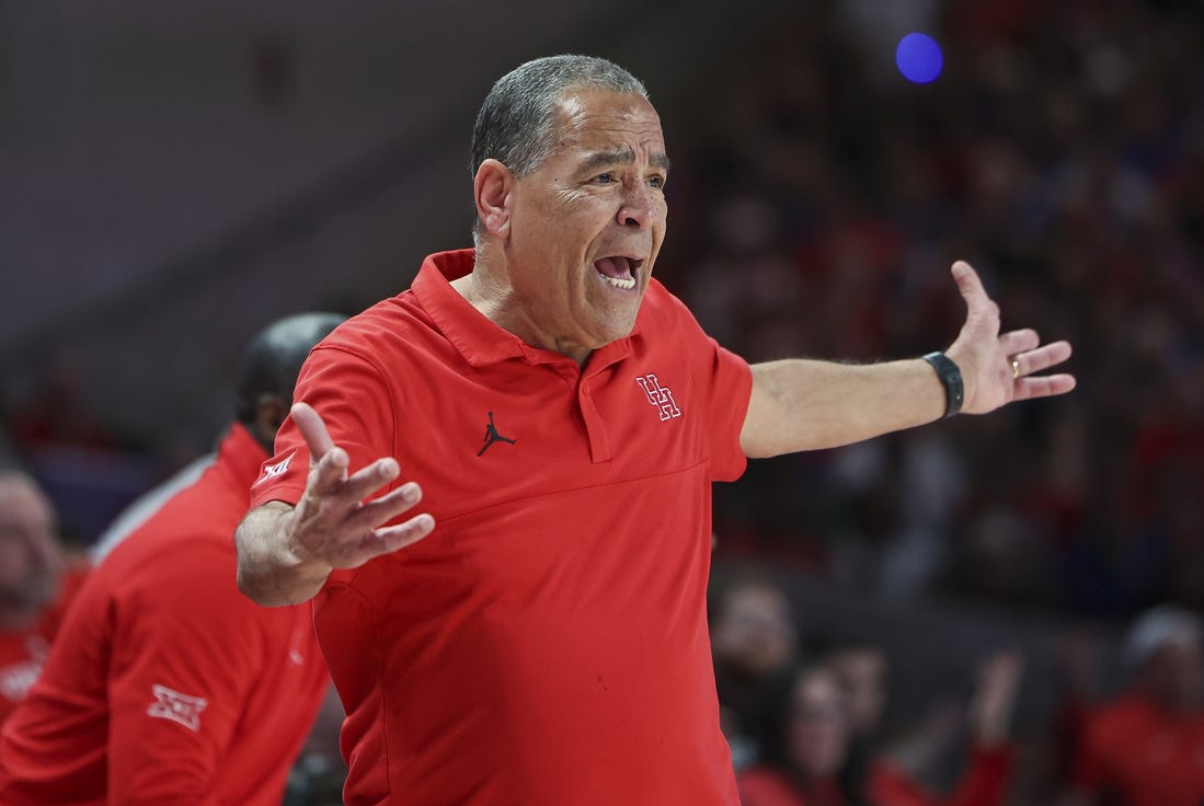 Mar 9, 2024; Houston, Texas, USA; Houston Cougars head coach Kelvin Sampson reacts during the first half against the Kansas Jayhawks at Fertitta Center. Mandatory Credit: Troy Taormina-USA TODAY Sports