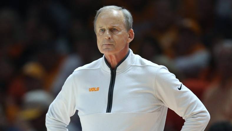 Mar 9, 2024; Knoxville, Tennessee, USA; Tennessee Volunteers coach Rick Barnes during the first half against the Kentucky Wildcats at Thompson-Boling Arena at Food City Center. Mandatory Credit: Randy Sartin-USA TODAY Sports