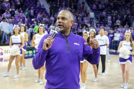 Mar 9, 2024; Manhattan, Kansas, USA; Kansas State Wildcats head coach Jerome Tang talks to the crowd after a win against the Iowa State Cyclones at Bramlage Coliseum. Mandatory Credit: Scott Sewell-USA TODAY Sports