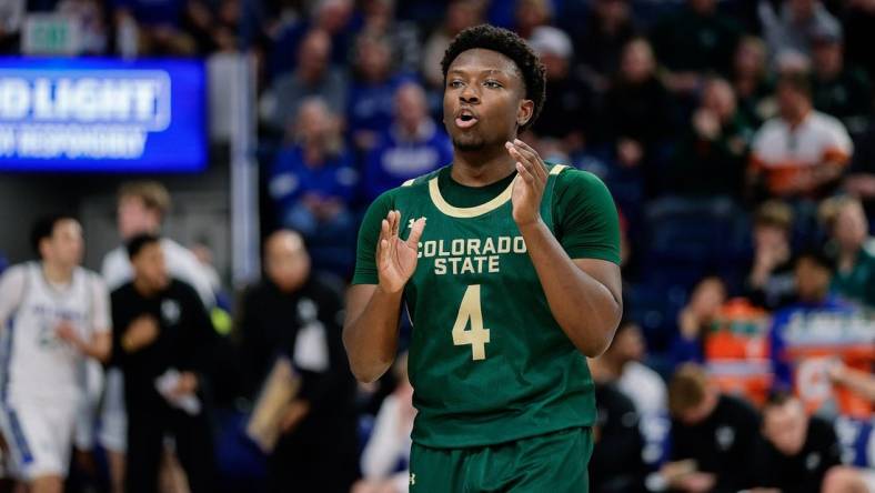 Mar 9, 2024; Colorado Springs, Colorado, USA; Colorado State Rams guard Isaiah Stevens (4) in the second half against the Air Force Falcons at Clune Arena. Mandatory Credit: Isaiah J. Downing-USA TODAY Sports