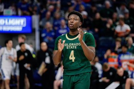 Mar 9, 2024; Colorado Springs, Colorado, USA; Colorado State Rams guard Isaiah Stevens (4) in the second half against the Air Force Falcons at Clune Arena. Mandatory Credit: Isaiah J. Downing-USA TODAY Sports