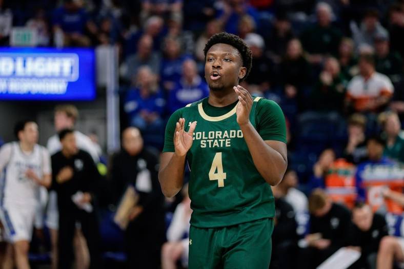 Mar 9, 2024; Colorado Springs, Colorado, USA; Colorado State Rams guard Isaiah Stevens (4) in the second half against the Air Force Falcons at Clune Arena. Mandatory Credit: Isaiah J. Downing-USA TODAY Sports