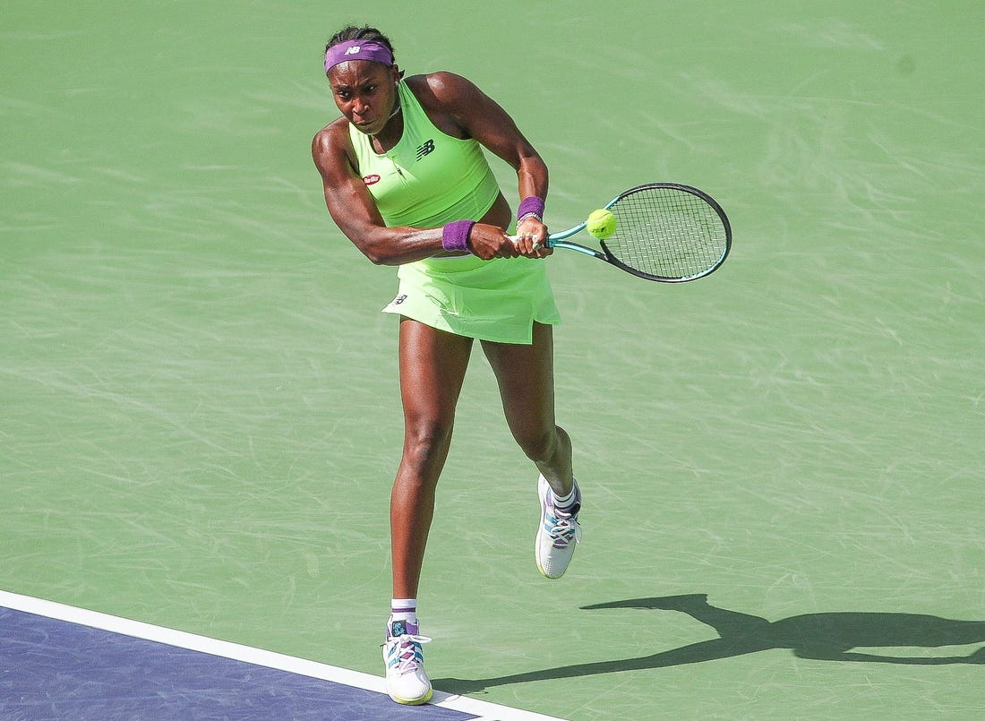 Coco Gauff hits a shot during her win over Clara Burel at the BNP Paribas Open in Indian Wells, Calif., March 9, 2024.