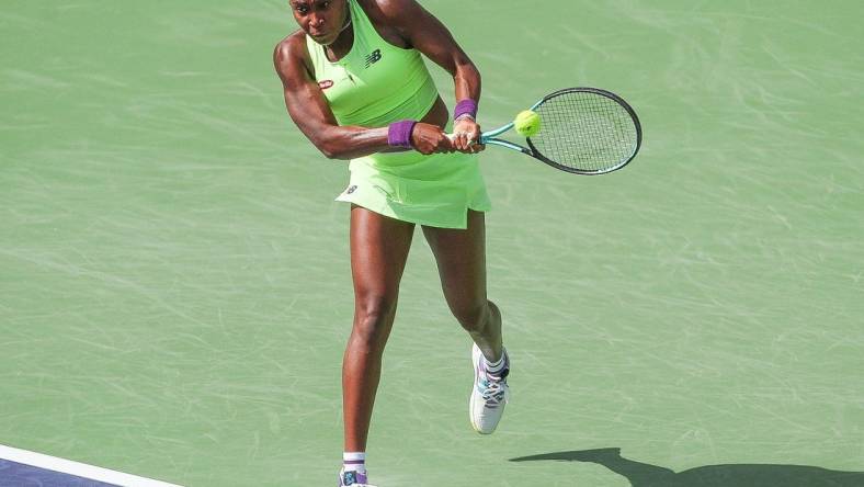 Coco Gauff hits a shot during her win over Clara Burel at the BNP Paribas Open in Indian Wells, Calif., March 9, 2024.