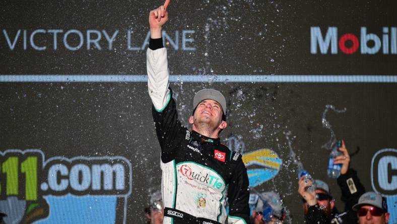 Mar 9, 2024; Avondale, Arizona, USA; NASCAR Xfinity Series driver Chandler Smith (81) celebrates his victory of the NASCAR Xfinity Series race at Phoenix Raceway. Mandatory Credit: Gary A. Vasquez-USA TODAY Sports