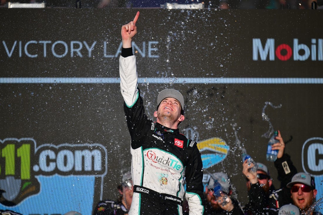 Mar 9, 2024; Avondale, Arizona, USA; NASCAR Xfinity Series driver Chandler Smith (81) celebrates his victory of the NASCAR Xfinity Series race at Phoenix Raceway. Mandatory Credit: Gary A. Vasquez-USA TODAY Sports